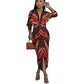 YUEWOO Women Long Sleeve Dress Casual Bodycon Maxi Dress Deep V Neck Ruched Midi Dresses Sexy Slit Plus Size Dresses