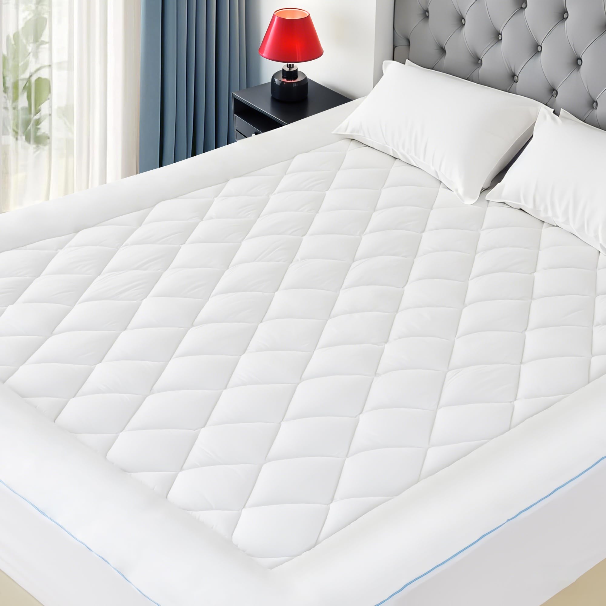 Photo 1 of HOMTEC King Mattress Pad Cotton Mattress Pad Cover Quilted Mattress Cover 18-22" Deep Pocket Mattress Protector King Size White Down Alternative Filling Noiseless & Breathable