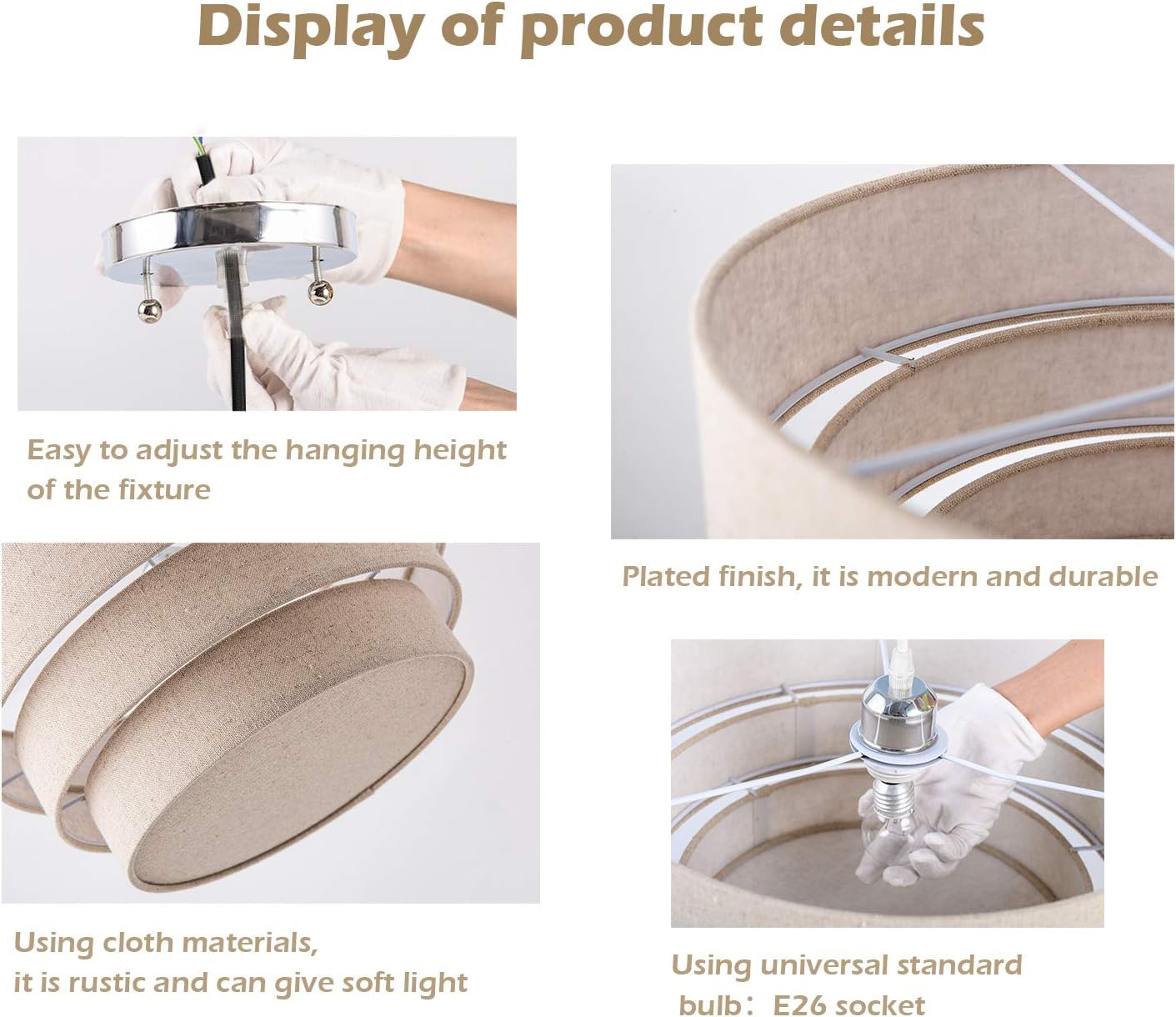 Rustic Pendant Lighting with Grey Linen Fabrics Lampshade Drum Pendant Light Modern Chandelier Adjustable Hanging Light Fixture for Kitchen, Foyer, Dining Room, Entryway Hallway Polished Nickel Finish: Home Improvement