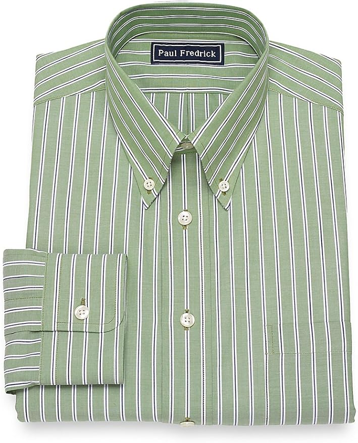 Paul Fredrick Men's Slim Fit Stripe Dress Shirt Green/Navy 18.0/37 at
