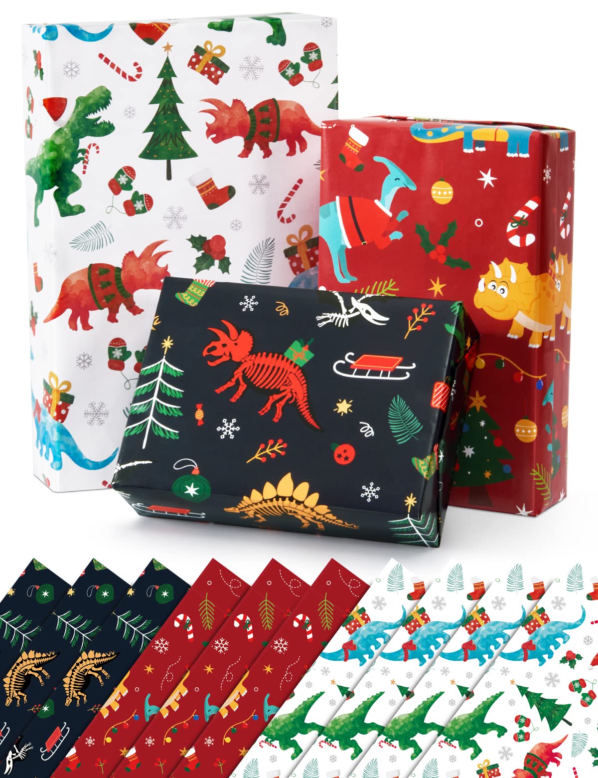 WERNNSAI Dinosaur Christmas Wrapping Paper - 10 Sheet Christmas Dinosaur Wrapping Paper Dino Theme Gift Wrap Paper for Kids Christmas Birthday Baby Shower Xmas Gift Wrapping Paper 51 x 69cm — image 1