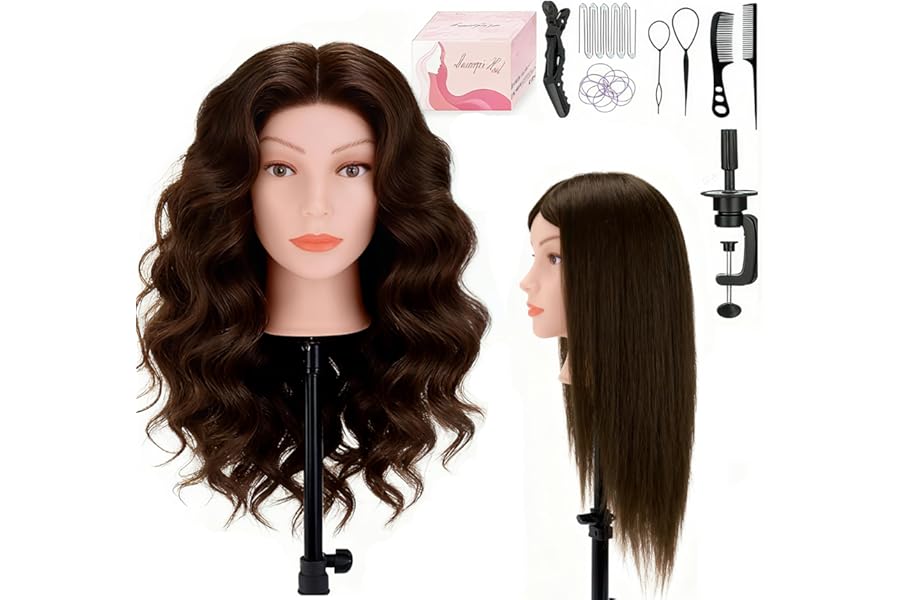 26″ 100% Real Hair Mannequin Head Human Hair, Doll Head for Hair Styling & Braiding with Clamp Holder DIY Hair Styling Set, Mannequin Head for Cosmetology Training Head Stylist Supplies(Dark Brown)