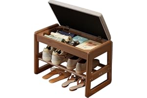 KASLANDI Small Shoe Bench with Cushion,2 Tiers Shoe Rack Bench with Flip-Open Storage Box,Wood Entryway Bench for Entryway, Mudroom（Walnut,23.62"）