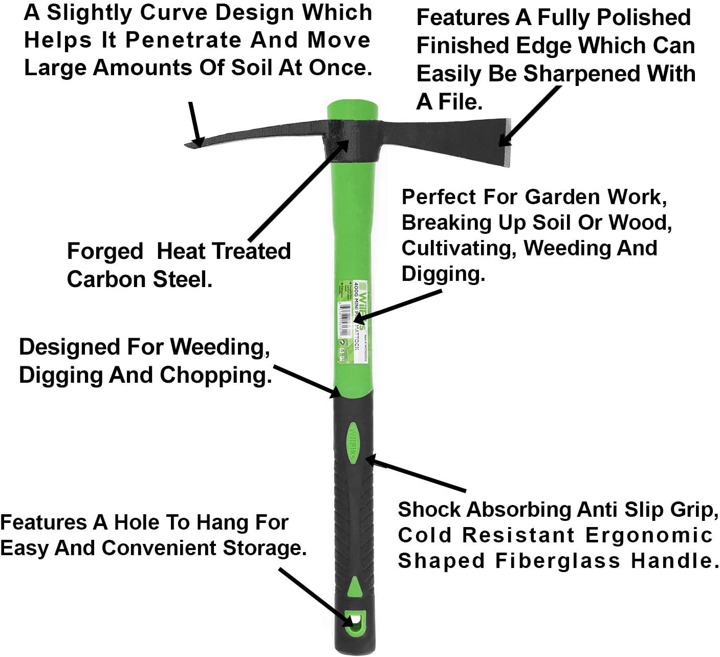 WilFiks Cutter Mattock, 15" Heavy Duty Pick Axe with Forged Heat Treated Steel Blades, Adze Hoe for Weeding, Prying and Chopping, Digging Tool with Anti-Slip Grip, Ergonomic Shock Reduction Handle : Garden & Outdoor