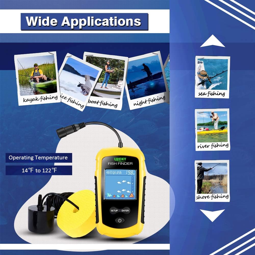 LUCKY Kayak Portable Fish Depth Finder Water Handheld Fish Finder Sonar Castable Kayak Boat Fishfinder Transducer Fishing LCD Display FFC1108: GPS & Navigation