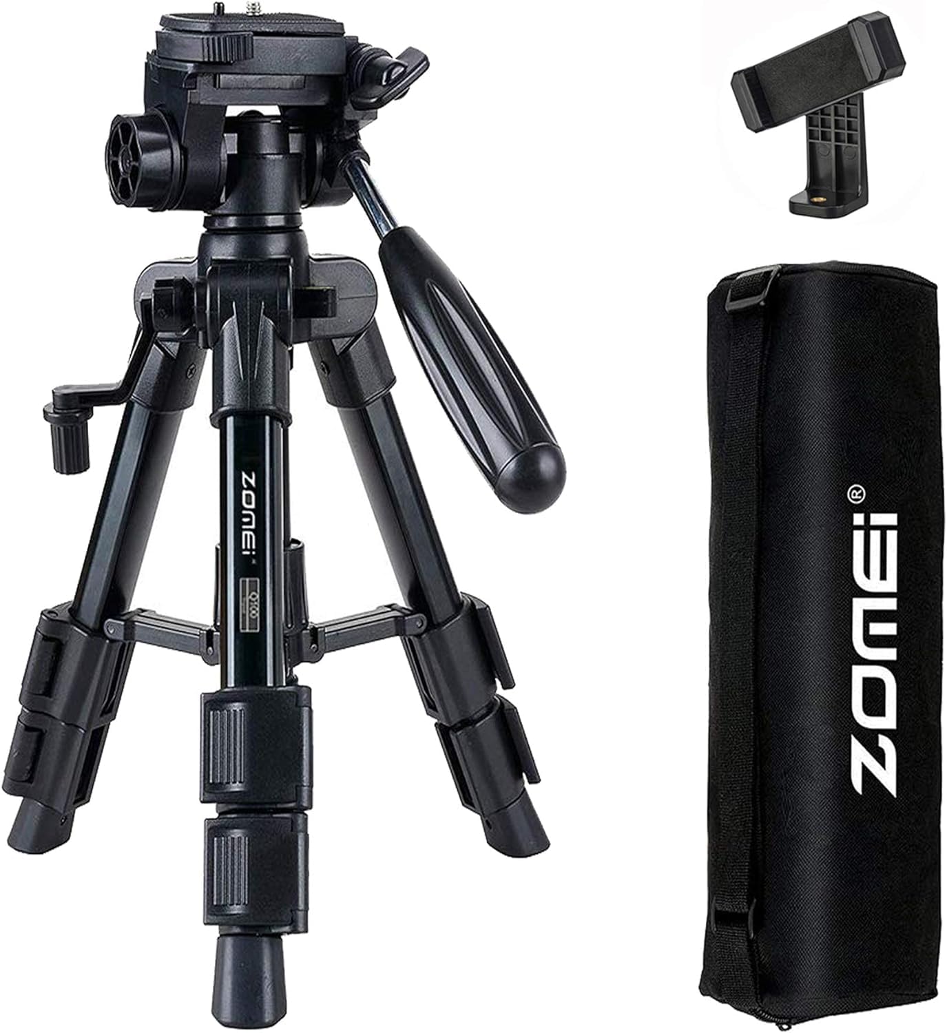 ZOMEI Q100 21-inch Lightweight Aluminum Camera Travel Tripod with 1/4" Quick Release Plate, 3-Way Pan Head and Phone Holder Mount