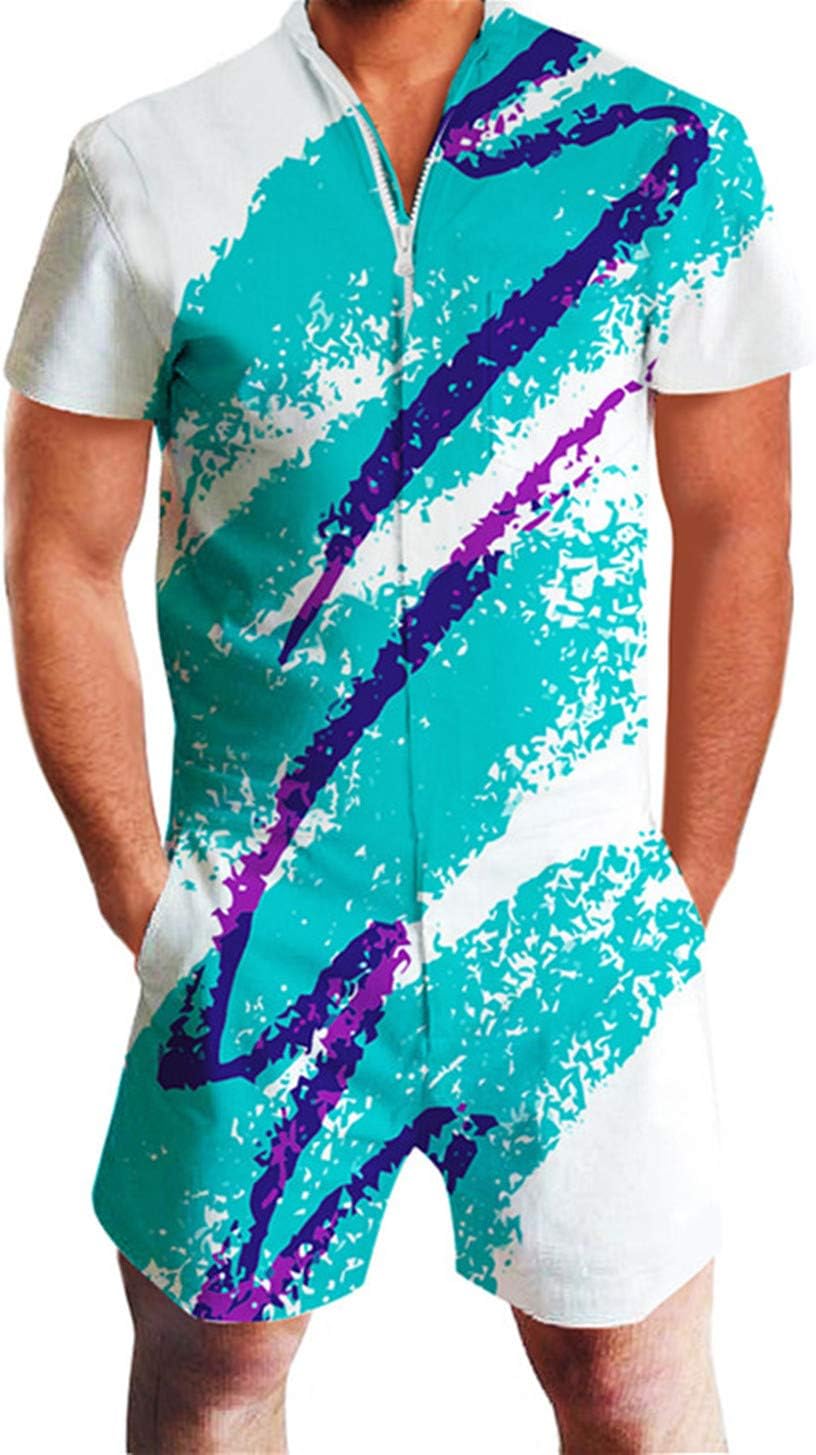 Mens Casual 3D Printed Short Sleeve Rompers Zip Jumpsuit with Pocket S-XXL