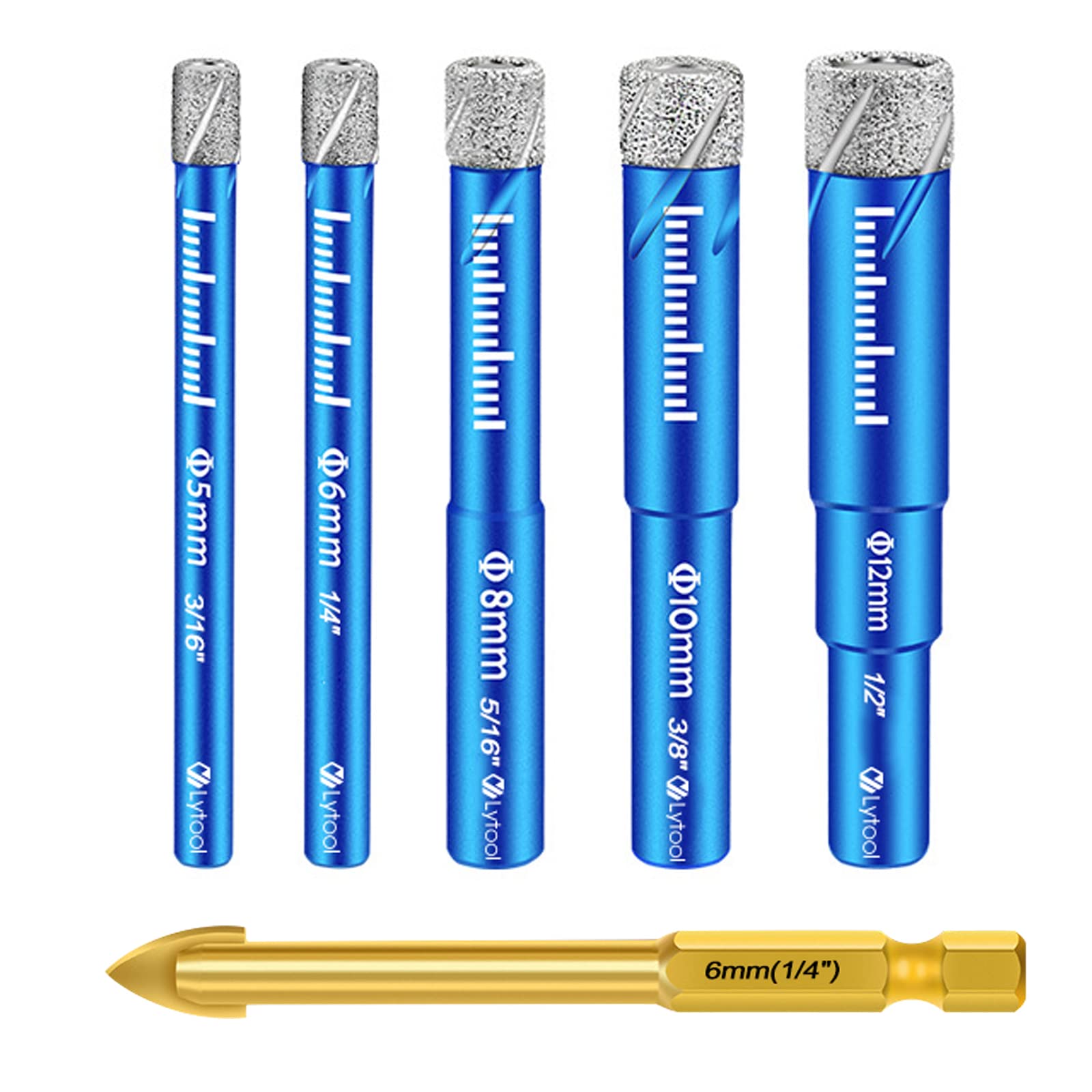 Glass Drill Bit, Lytool Dry Diamond Drill Bits Set 5 PCs - 5, 6, 8, 10, 12 mm, for Granite, Ceramic, Marble Tile Stone, Glass Hard Materials