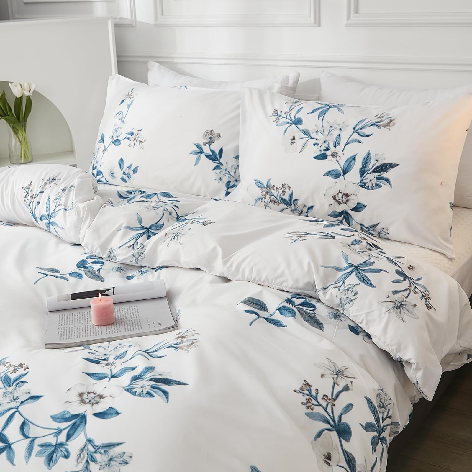 Herside Blue Flowers Duvet Cover Set Botanical Floral Bedding White Blue Flowers Printed Pastoral Style Bedding Sets Super King 1 Quilt Cover 2 Pillowcases (Blue, Super King) — image 1