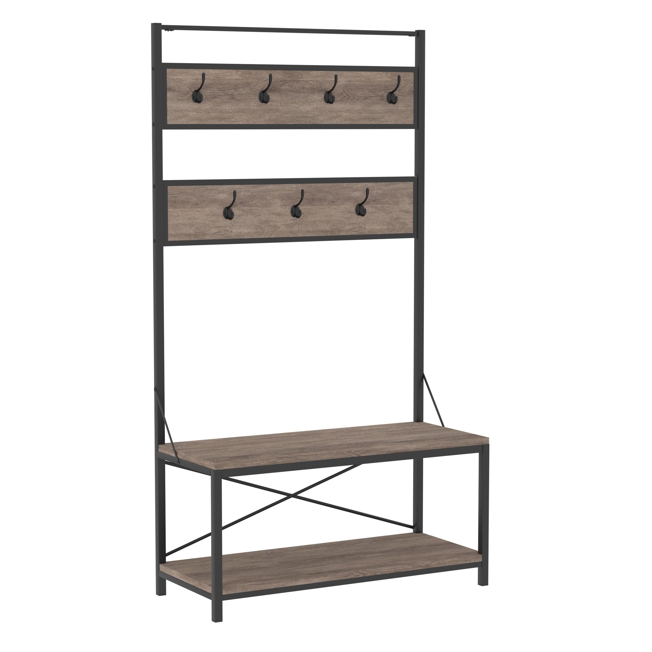 Walker Edison WE Furniture Hall Tree Coat Rack Shoe Bench Entryway Organizer 2-Tier Storage Shelf with 7 Hooks, Powder-Coated Metal Driftwood, One Size