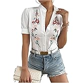 Floerns Women's Floral Embroidery Button Down Shirts Puff Sleeve Dressy Casual Blouse Top