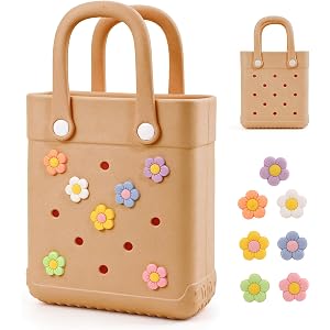 Kcizloz Mini Rubber Tote for Little Girl & Woman,7 Custom Charms | Waterproof, sandproof EVA; Mix-and-match custom charms; Sn