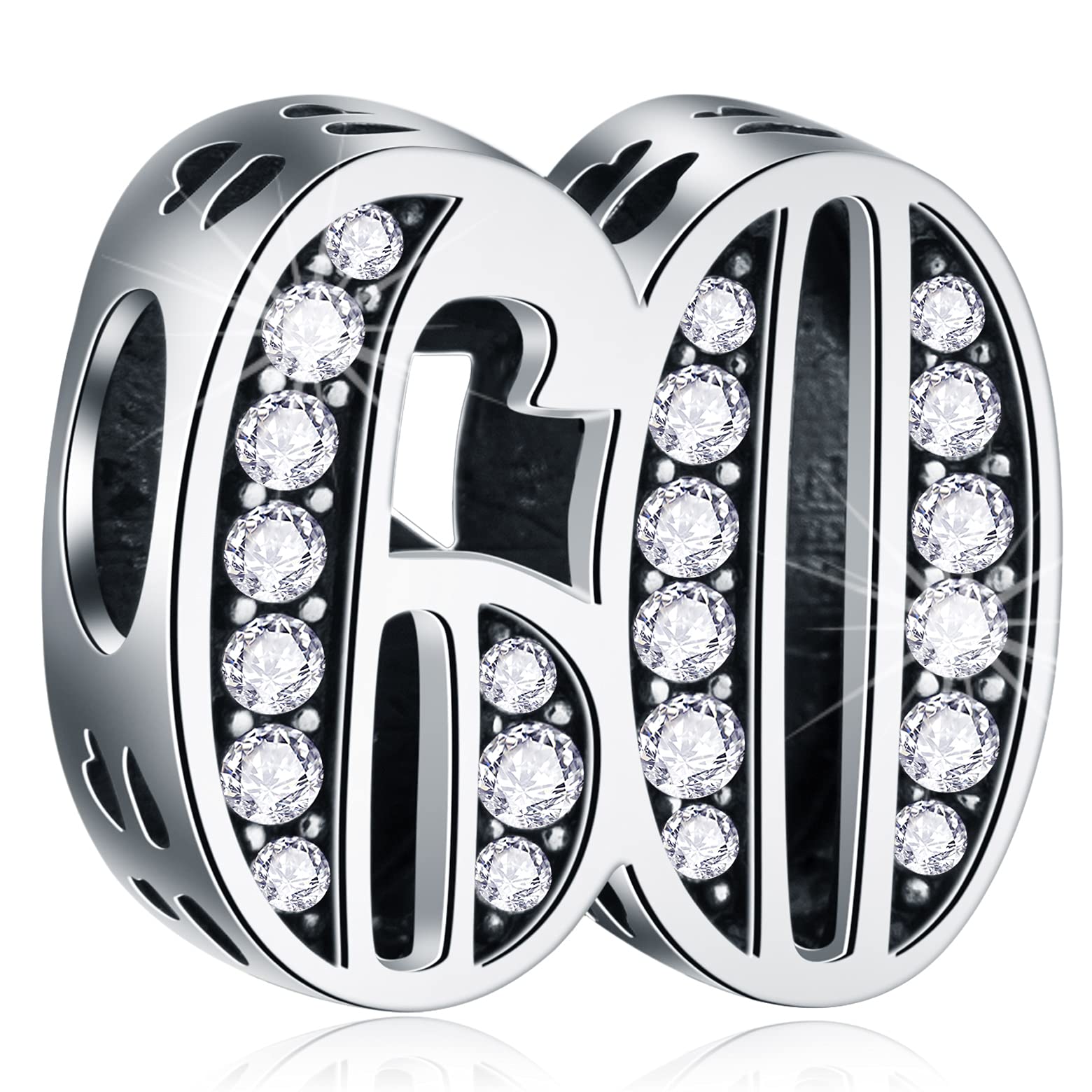 60 Anniversary Charms fits Pandora Charm Bracelet, 925 Sterling Silver 60th Birthday Beads with CZ Birthstone, Number 60 Years of Love Gifts for Wedding/Couple/Lover