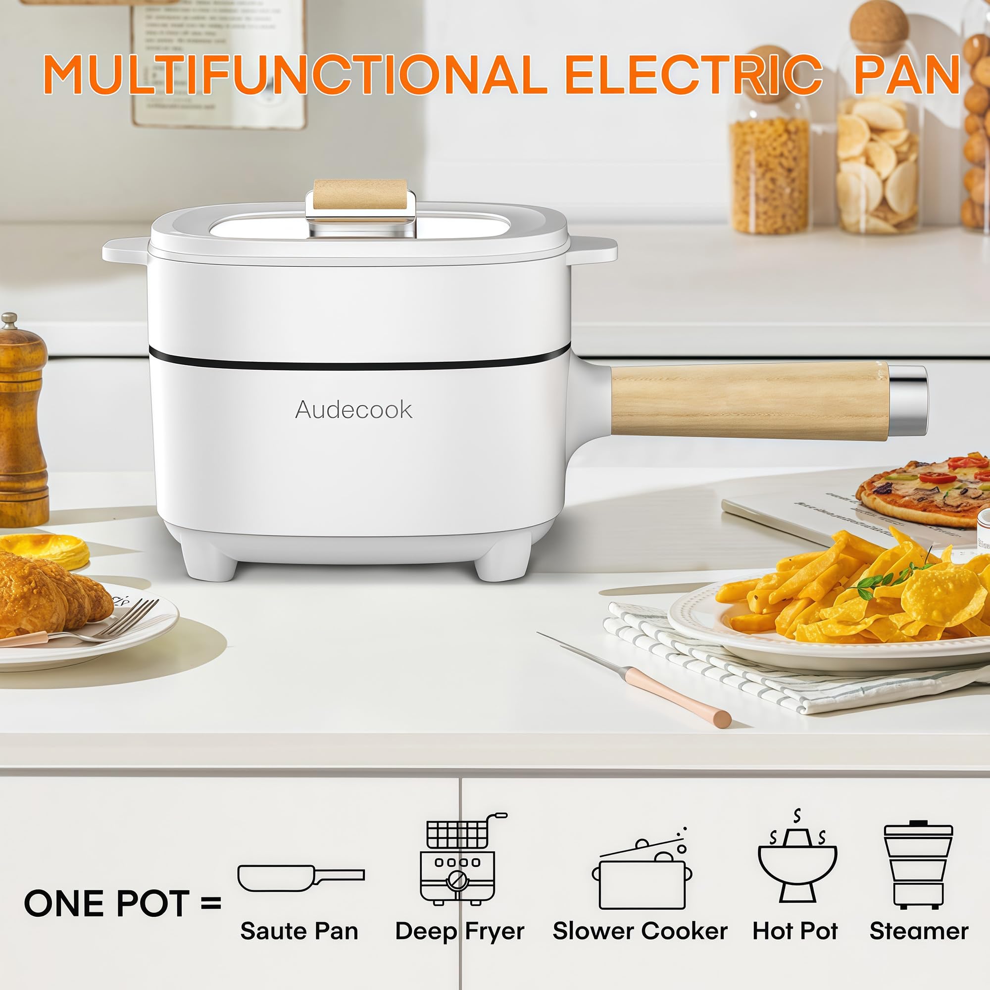 Audecook Hot Pot Electric 2L, Cermic Glaze Non-Stick Frying Pan 8 Inch, Portable Travel Cooker for Ramen/Steak/Fried Rice/Oatmeal/Soup, with Dual Power Control (Silicone Spatula Included)