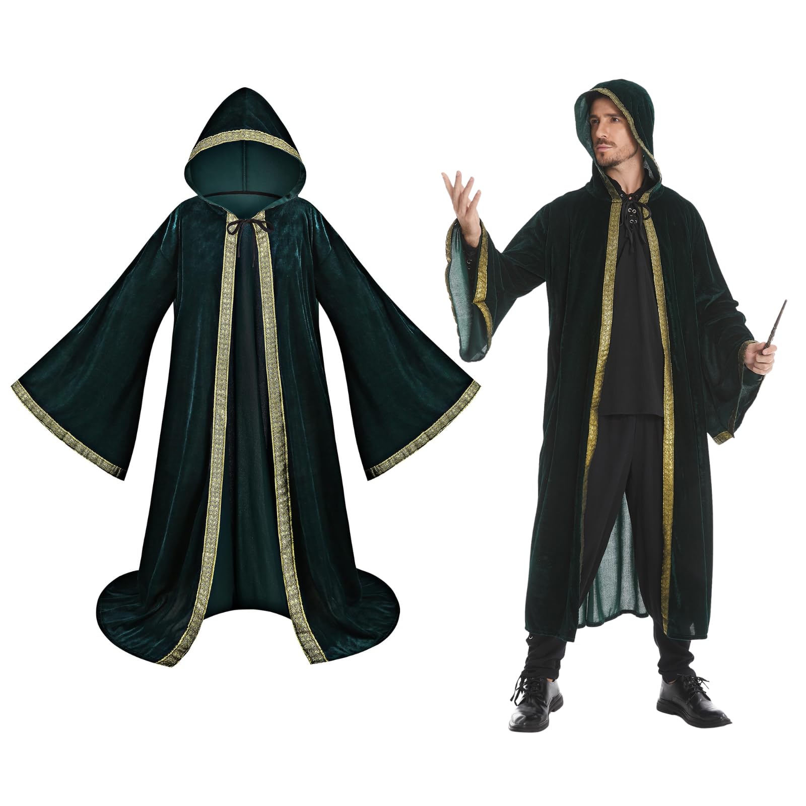 maxToonrain Mystic Wizard Robe Full Length Hooded Velvet Cloak Wide Sleeve Style Adult Medieval Retro Vintage Renaissance Costume Fancy Dress for Halloween Masquerade (Green-142cm) — image 1