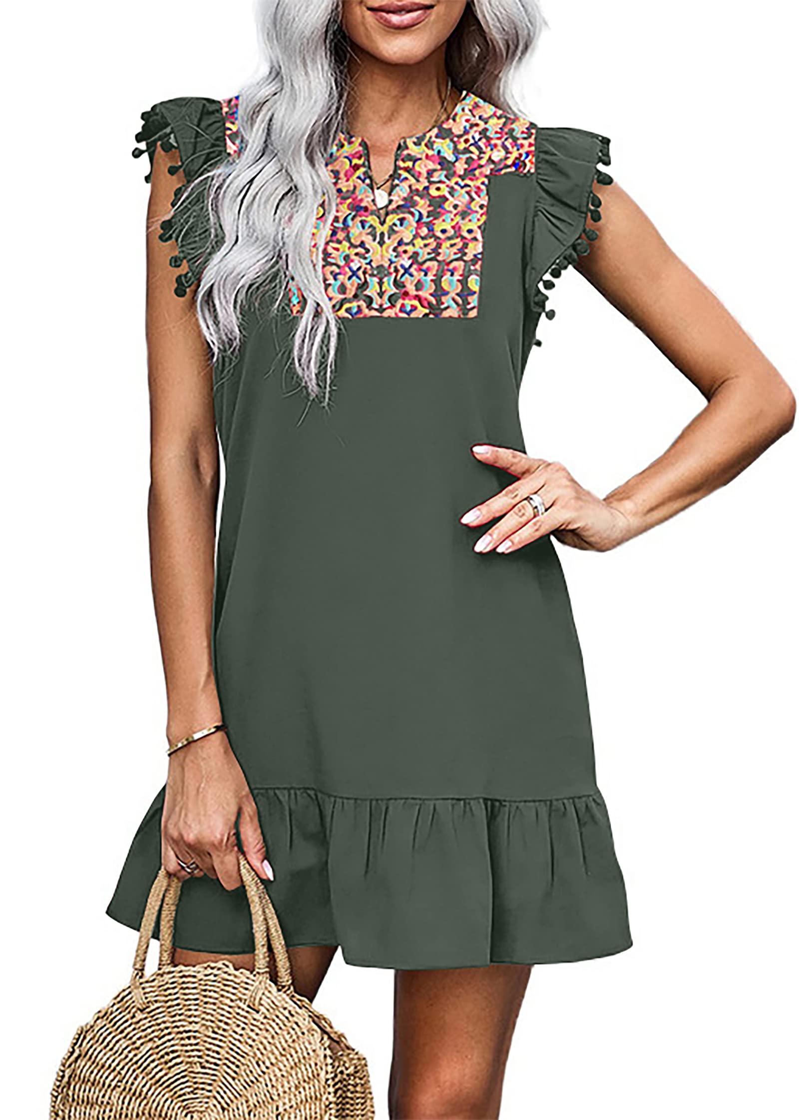 KIRUNDO Women's 2025 Summer Mini Dress Casual V Neck Floral Embroidered Ruffle Sleeveless Shift Flowy Boho Dress (B-Army Green, Medium)