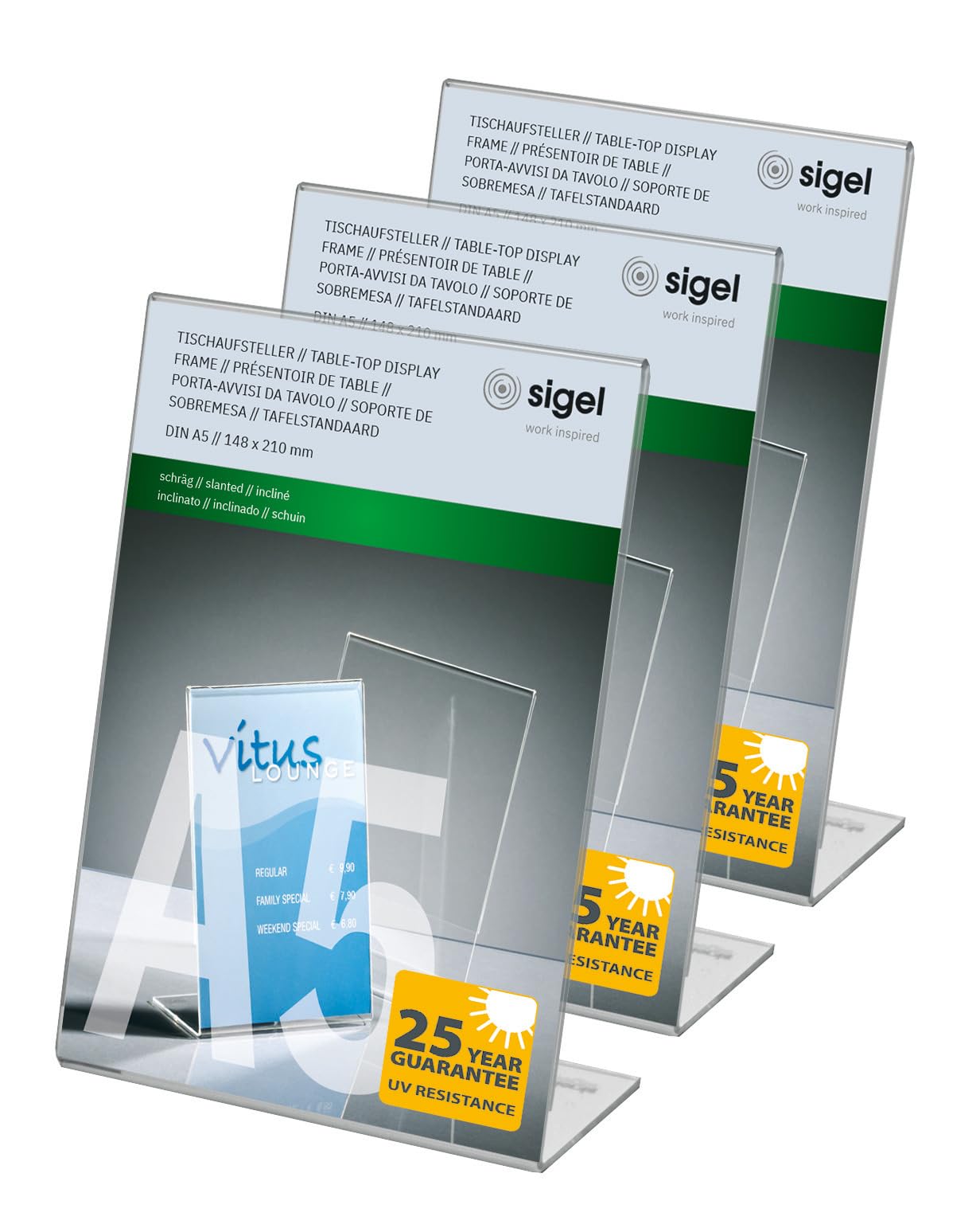 SIGEL TA212 Sign Holder, slanted, for A5, single-sided presentation, uv resistant acrylic, transparent, 3 Pieces