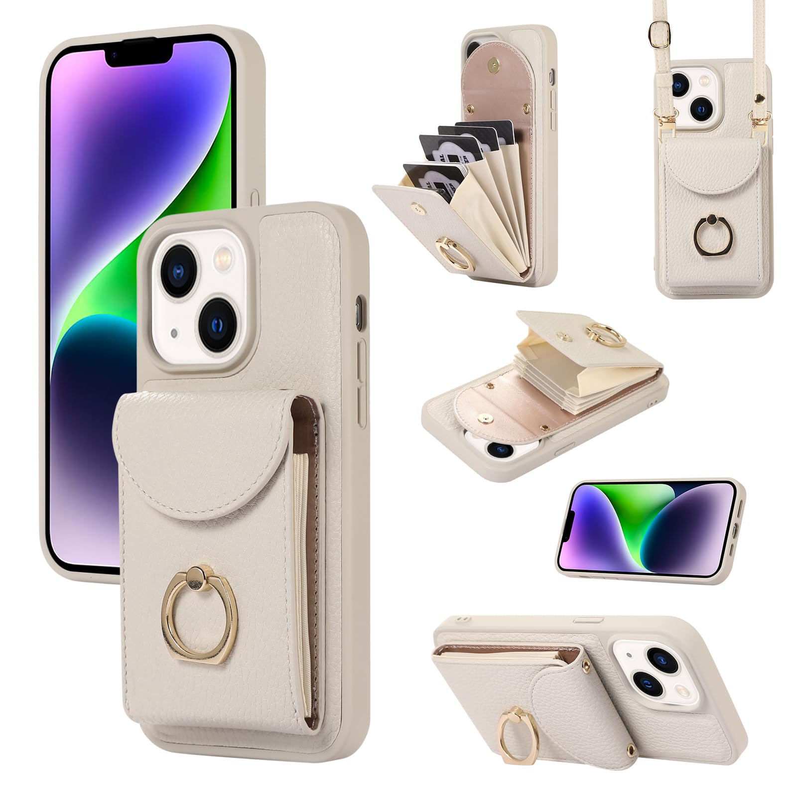XMTON Crossbody Wallet Case for iPhone 14 / iPhone 13 with Card Holder, 360° Rotation Ring Kickstand, White