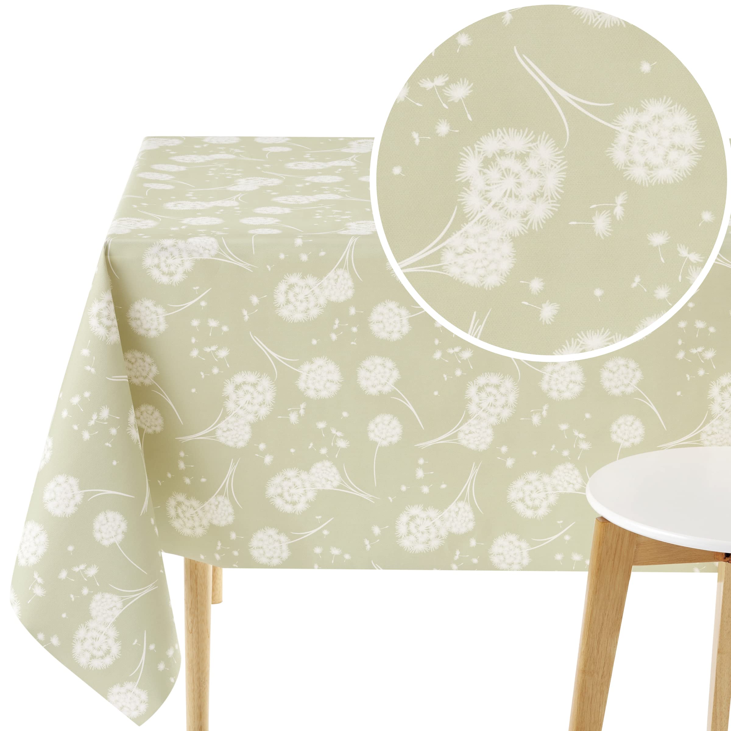 KP HOME Wipe Clean Tablecloth Rectangular 78.7x55.1 In (200x140cm) - PVC Wipeable Plastic Table Cloth for Outdoor - Waterproof Rectangle Oilcloth 6 Seat Table Cover in Sage Green Dandelion Pattern