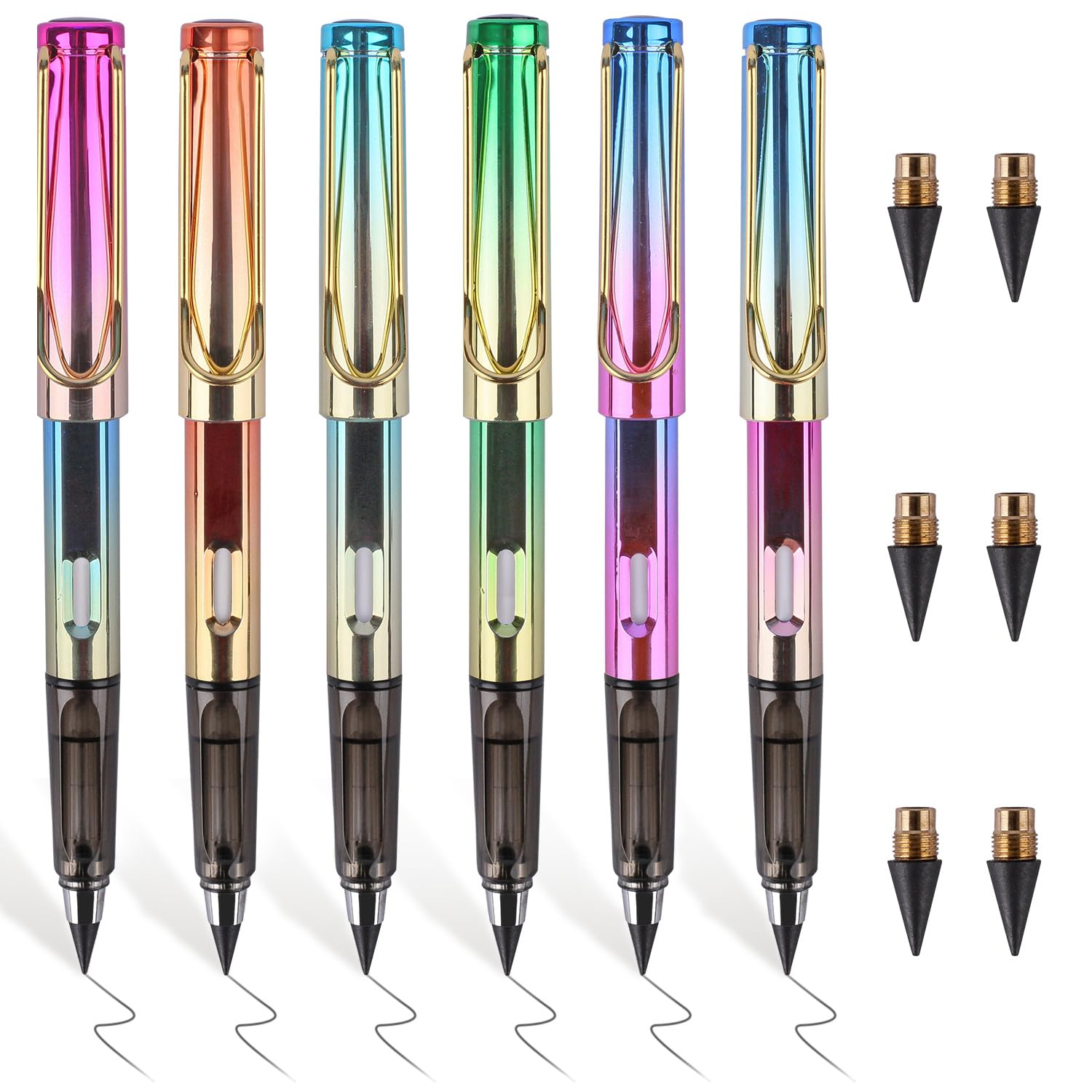 RNHDLY Eternal Pencil Pack of 6 Inkless Pencils with Eraser, Interchangeable Heads Refills, Iridescent Colours