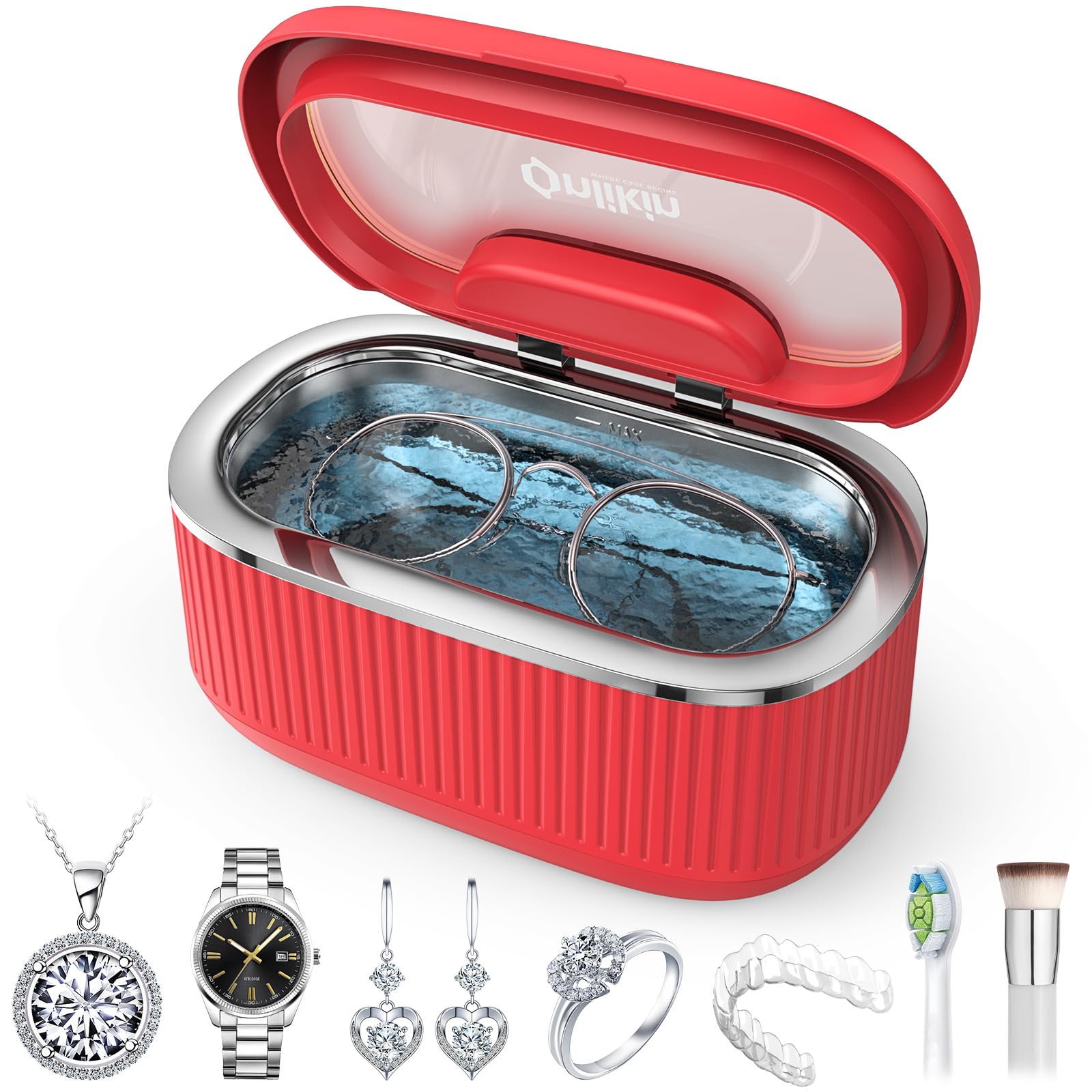 onlikin 45KHz Ultrasonic Jewelry Cleaner, 5 Timer & 3 Power Modes, 35W Retainer Cleaner for Jewelry, Eyeglasses, Rings, Watch Strap, Dentures - Quiet <38dB, 20oz, 304 Stainless Steel (Red) Image