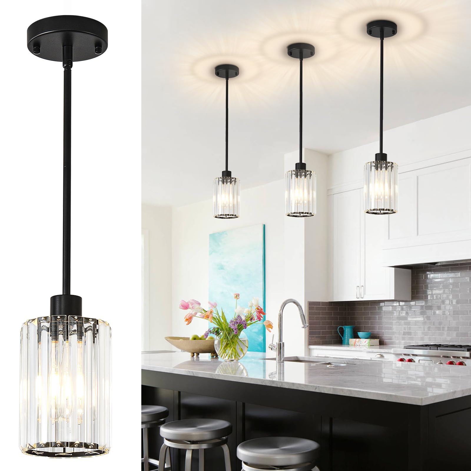 Photo 1 of GZJunYo Crystal Pendant Lights Kitchen Island, 3 Pack Black Kitchen Pendant Lighting Over Island, 1-Light Mini Modern Hanging Lights for Kitchen Island, Dining Room, Hallway, Foyer, Entryways