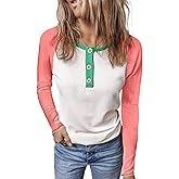 KINLONSAIR Women Raglan Long Sleeve Crew Neck Tunic Regular Fit T-Shirts Color Block Fall Button Down Henley Shirts