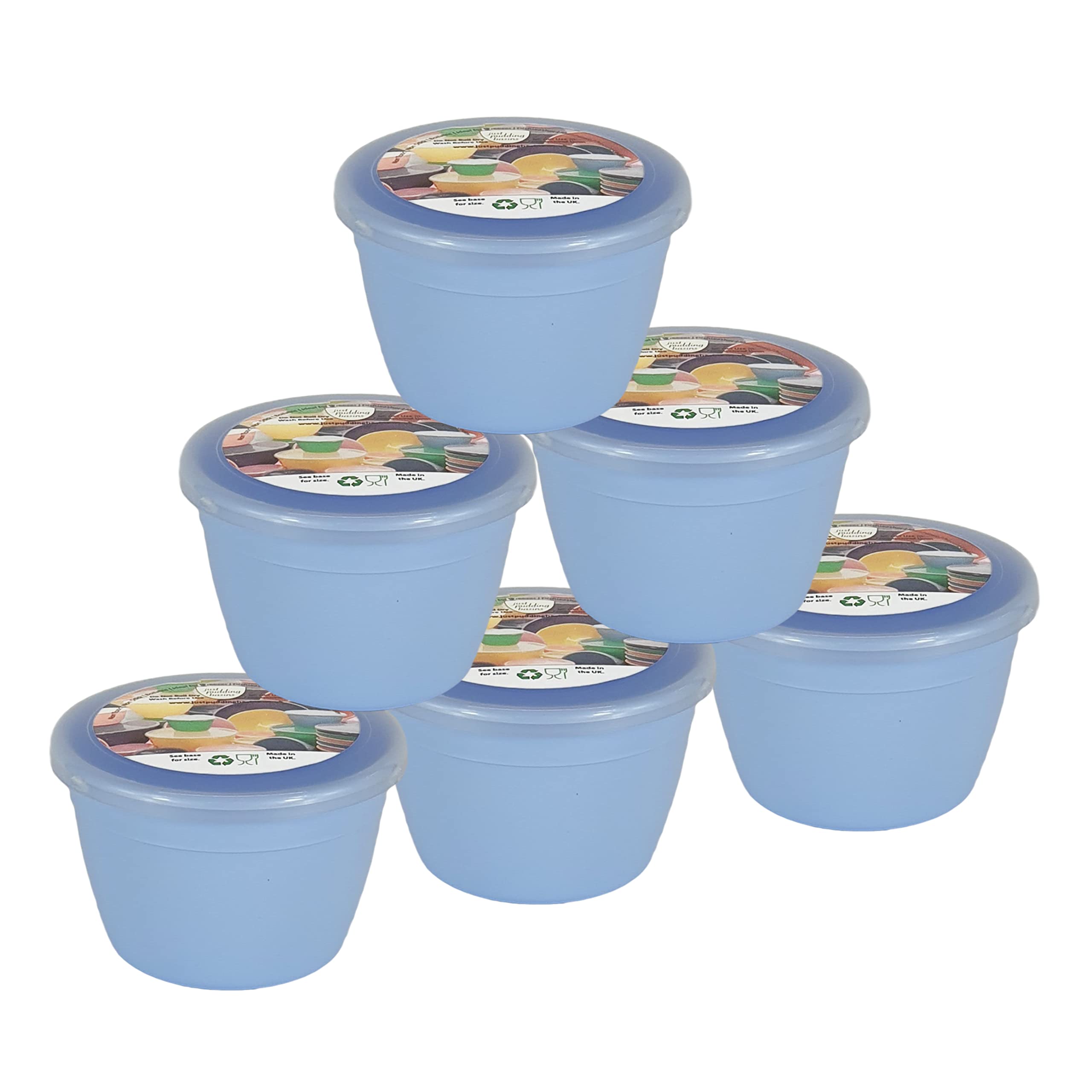 Just Pudding Basins Pastel Colours 1/4 Pint Small Basin and Clear Lid 0.25pt Pack of 6 Plastic Steaming Bowls (Blue)