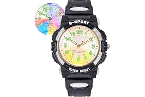 DTKID 7 Colorful Lights Children's Watch Boys Girls, Kids 30 M Waterproof Analog Watches Soft Rubber Band, Easy to Read Dial Time Lessons Wristwatch Children 5-18 Years Old