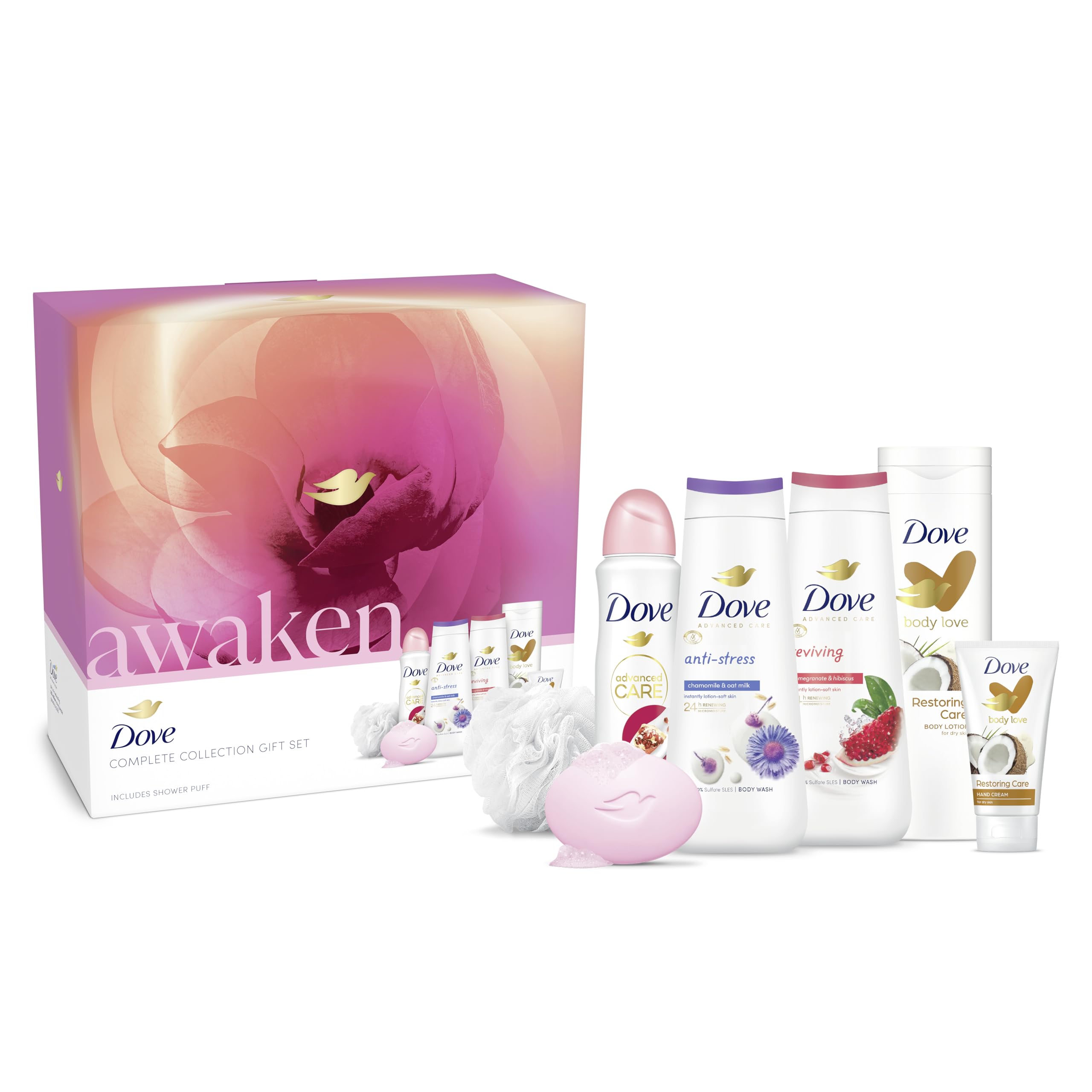 Dove Awaken Complete Collection Skin Care Women's Gift Set For Her With Luxury Shower Puff 6 Piece