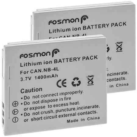 Fosmon 3.7V 1400mAh (2 Pack) Ersatz Batterie Li-Ion Akku Canon NB-4L für Canon IXUS 30, 40, 50, 55, 60, 65, 70, 75, 80 IS, 10