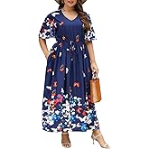 Nemidor Womens Plus Size Maxi Dress Summer Boho Sundress Floral Print Flared Casual Long Dresses with Pocket