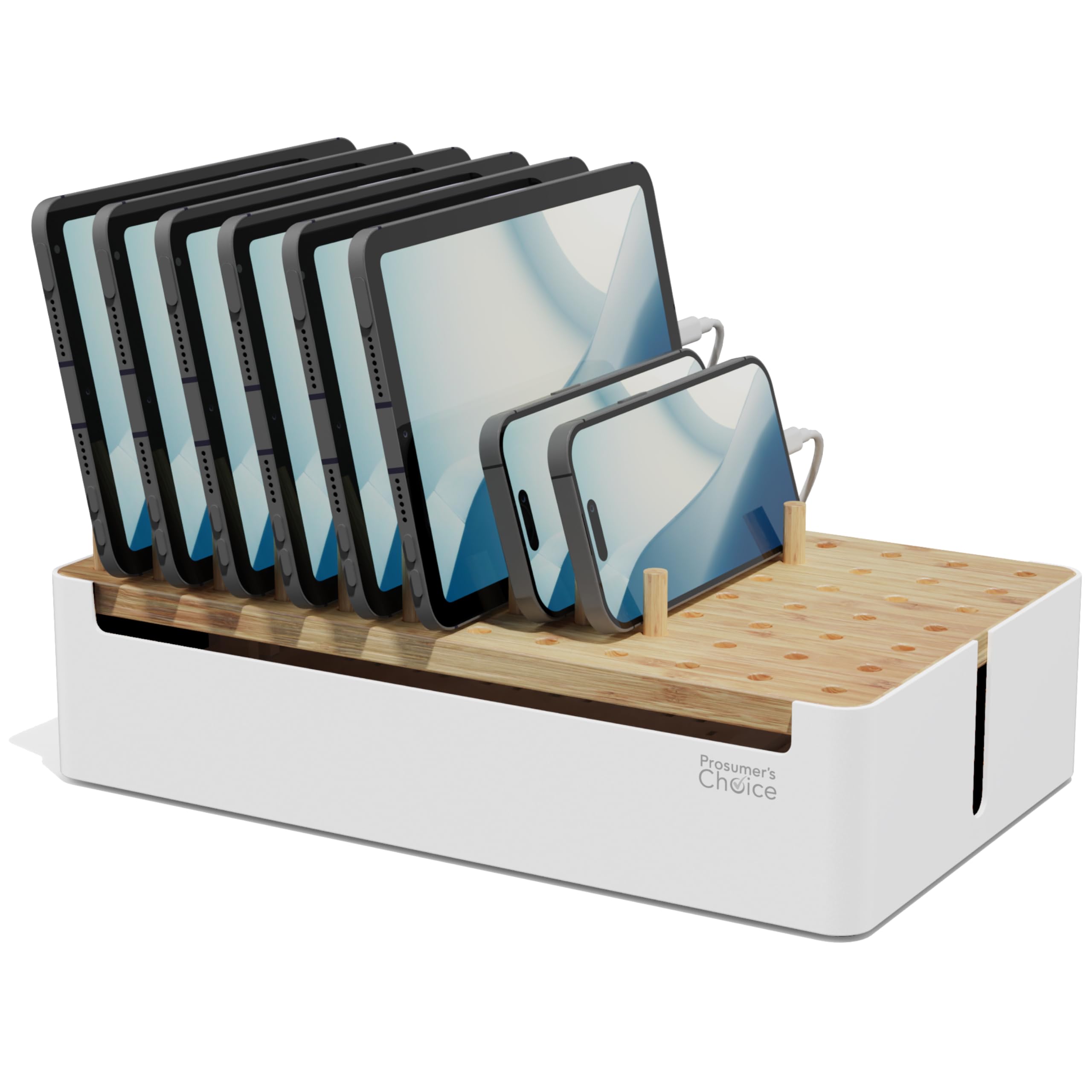 Photo 1 of Prosumers Choice Bamboo Charging Station for Multiple Devices - Wooden Charger Organizer with Removable Dividers for Phones, Tablets, and Laptops - 11 Inch Cable Organizer Box - Space-Saving Desk Dock