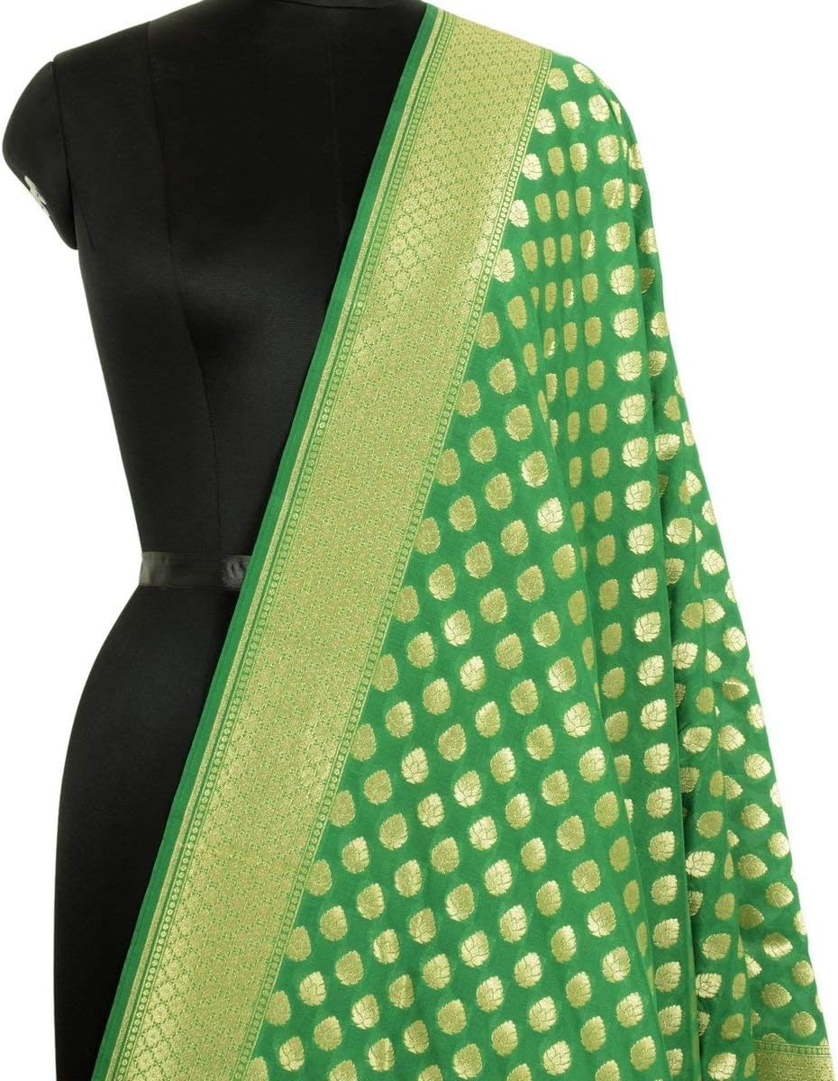 Green Banarasi Silk Dupatta Woven Zari Brocade Indian Long Stole Wrap Shawl