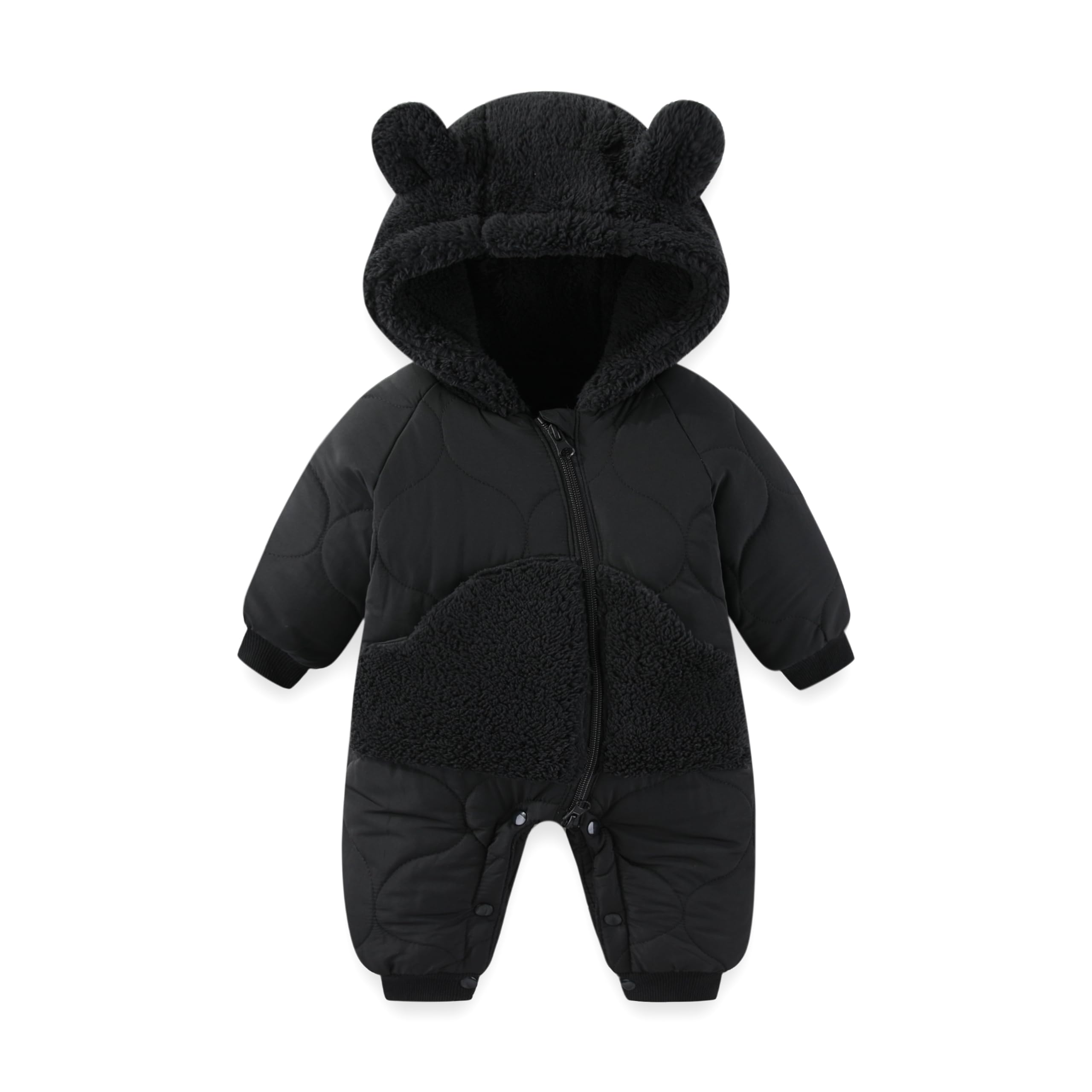 JiAmy Baby Snowsuit Winter Romper Hooded Boys Girls Jumpsuit Bear Thick Windproof Cap Infant Winter Clothes 12-18 Months Black