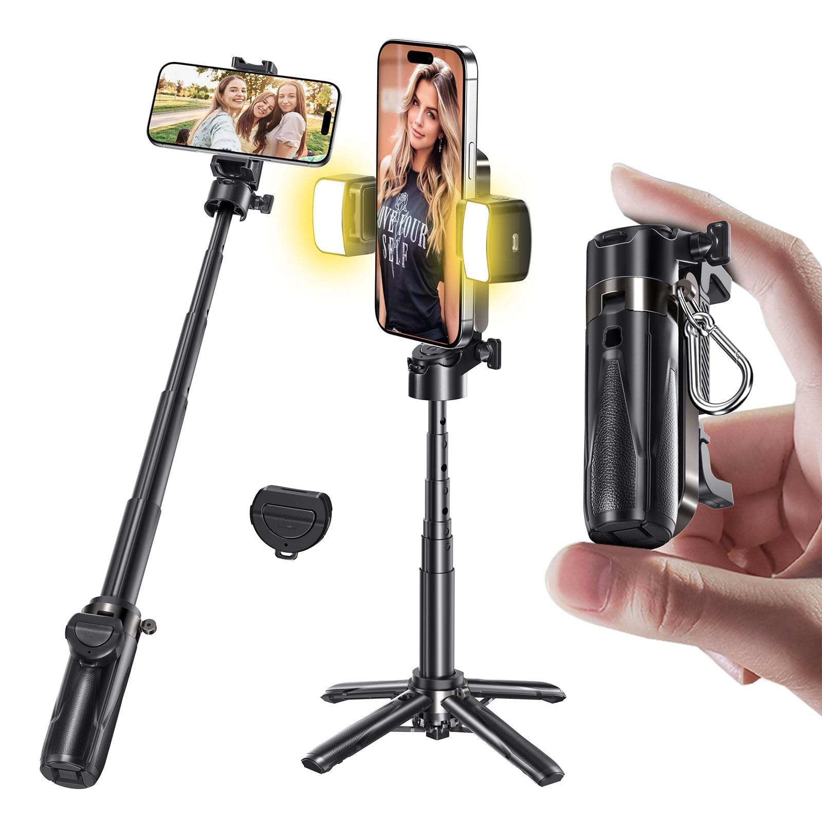 MAGIC JOHN Phone Tripod, Portable Selfie Stick, Pocket Size Tripod for iPhone, Selfie Stick with Detachable Remote Control & 2 Fill Light for Photograph, Live Streaming, Video Recording