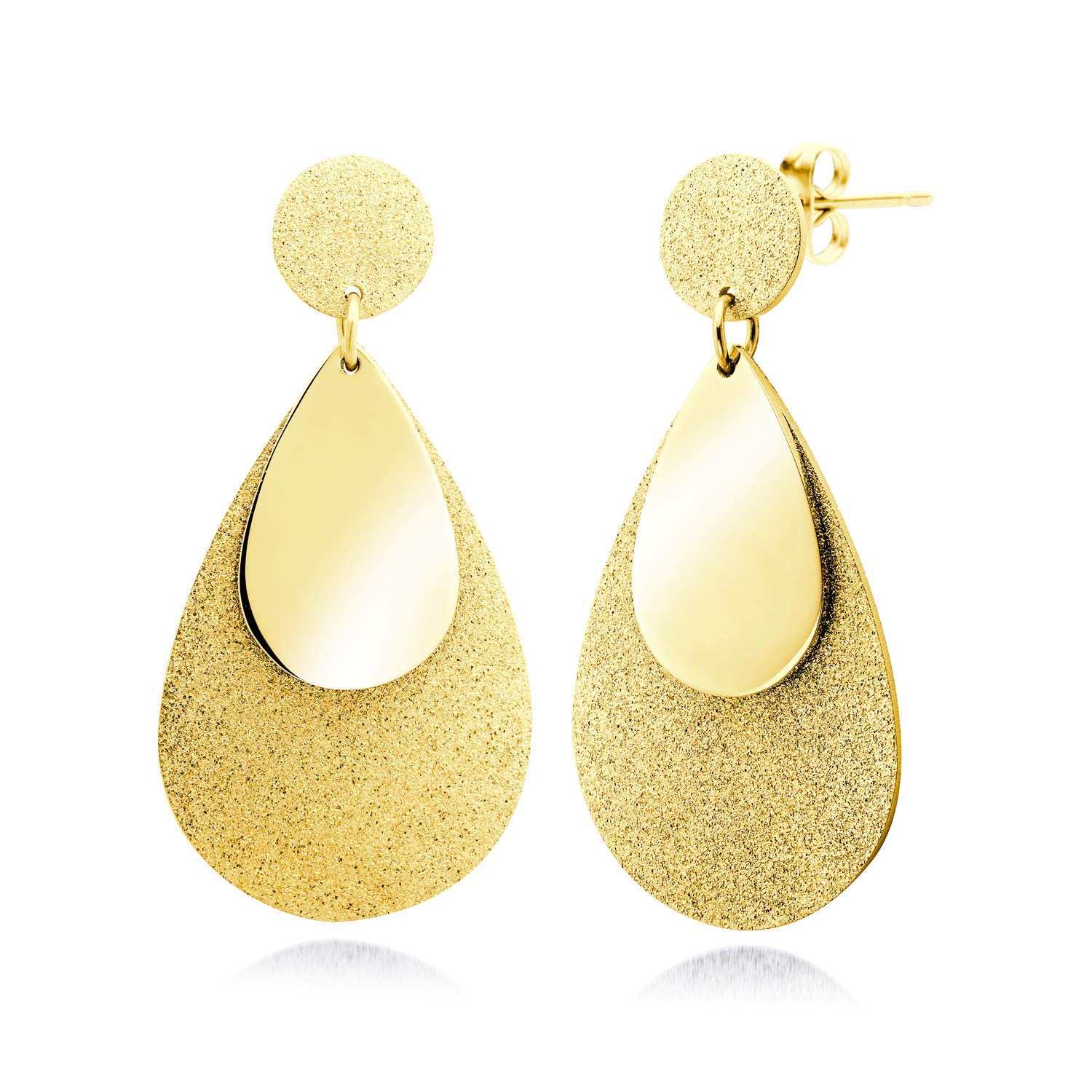 555Jewelry Womens Stainless Steel Teardrop Water Dangle Hanging Metal Shiny Post Stud Push Back Pierced Statement Party Trendy Lightweight Fashion Jewelry Accessory Earrings, Yellow Gold