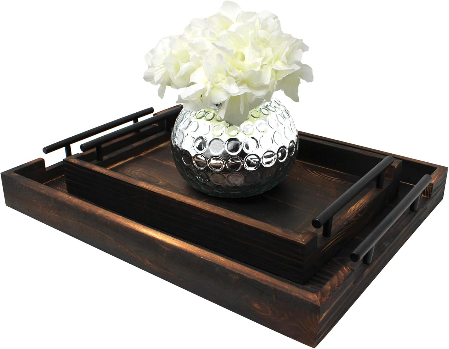  | Serving Tray Set of 2 by East World (Large 17"x13" and Medium 13"x9", Torched Light Black): Serving Trays