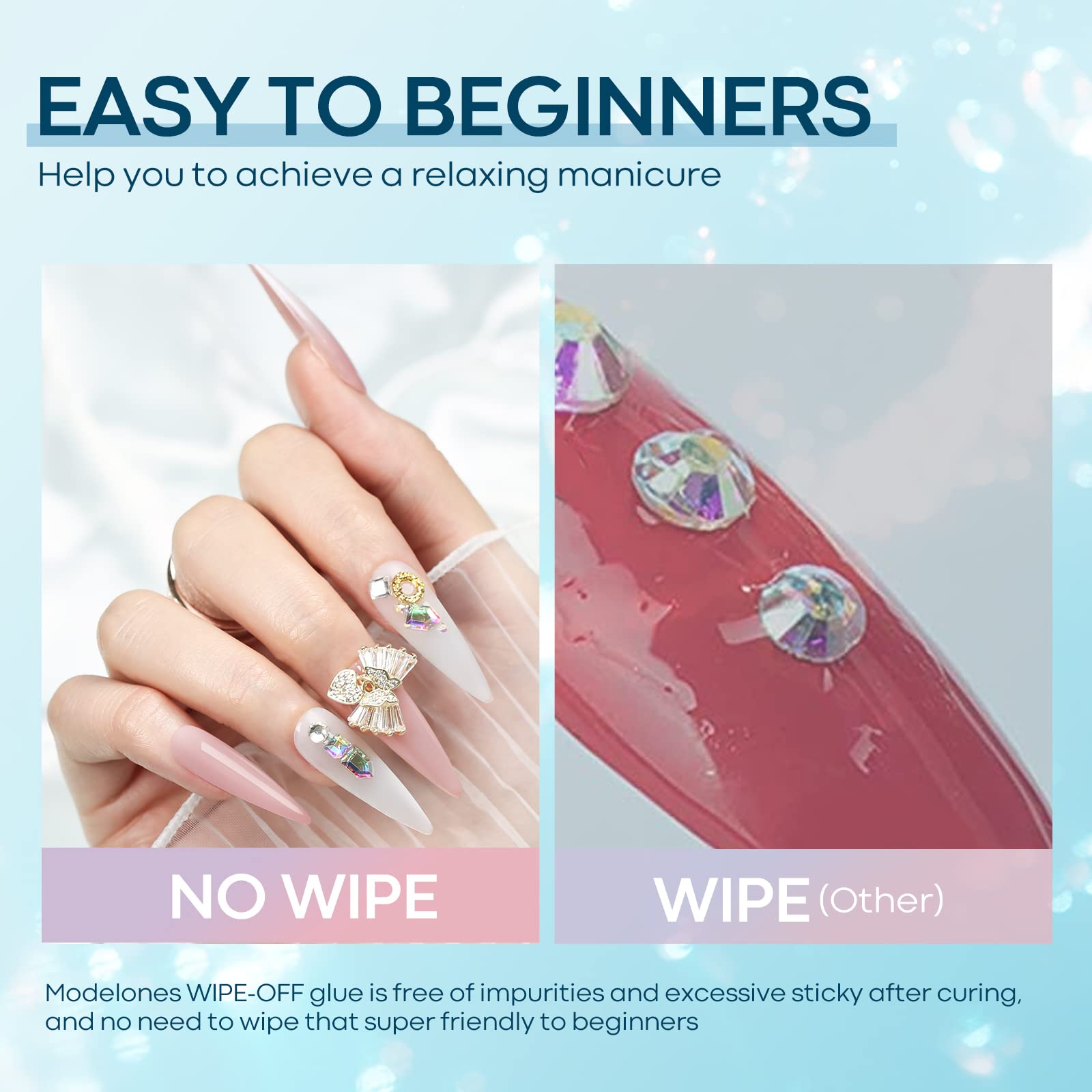 modelones Rhinestone Glue No Wipe Nail Gem Glue Super Strong Adhesive with Nail Charms & Dual-Use Brush, 2×5 ml