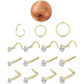 ORAZIO Nose Rings for Women - 14K Gold Filled Hypoallergenic Surgical Steel Nose Ring Hoops 18G/20G Small Cute CZ Straight Screw L Shaped Nose Studs Piercings Jewelry for Women Men 15Pcs