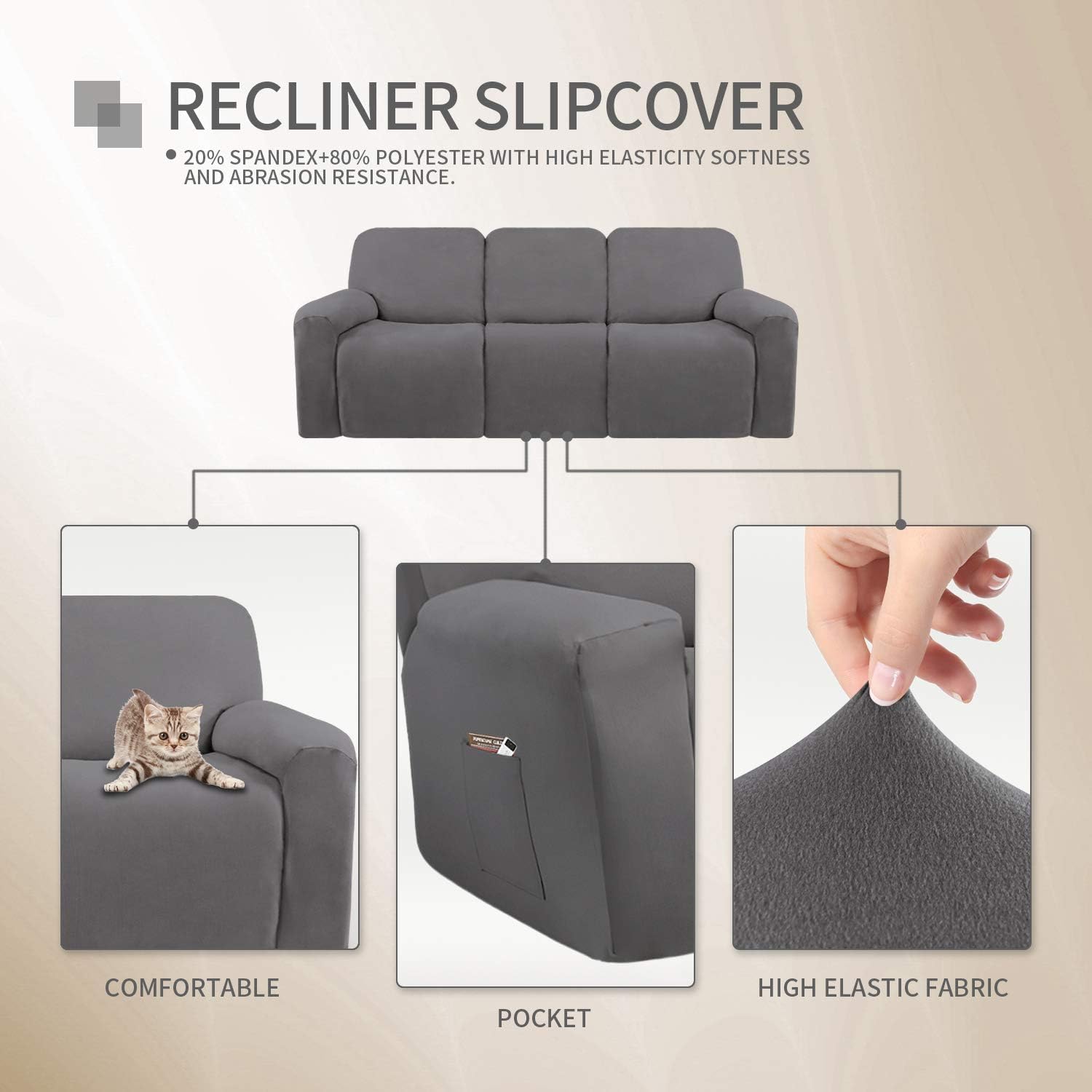 Easy-Going 8 Pieces Microfiber Stretch Sectional Recliner Sofa Slipcover Soft Fitted Fleece 3 Seats Couch Cover Washable Furniture Protector with Elasticity for Kids Pet(Recliner Sofa,Light Gray): Furniture & Decor
