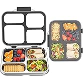 Eoika 4 Compartment Stainless Steel Bento Box with Silicone Container for Adults,Metal Lunch Box Kids, Removable Silicone Seal & Clear Lid, Leak Proof Food Storage Container for Meal Prep(Black)