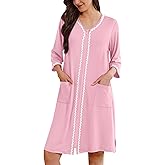 Ekouaer Zipper Robes for Women 3/4 Sleeves Lightweight House Coat Zip Up Bathrobe Soft Nightgown with Pockets S-3XL