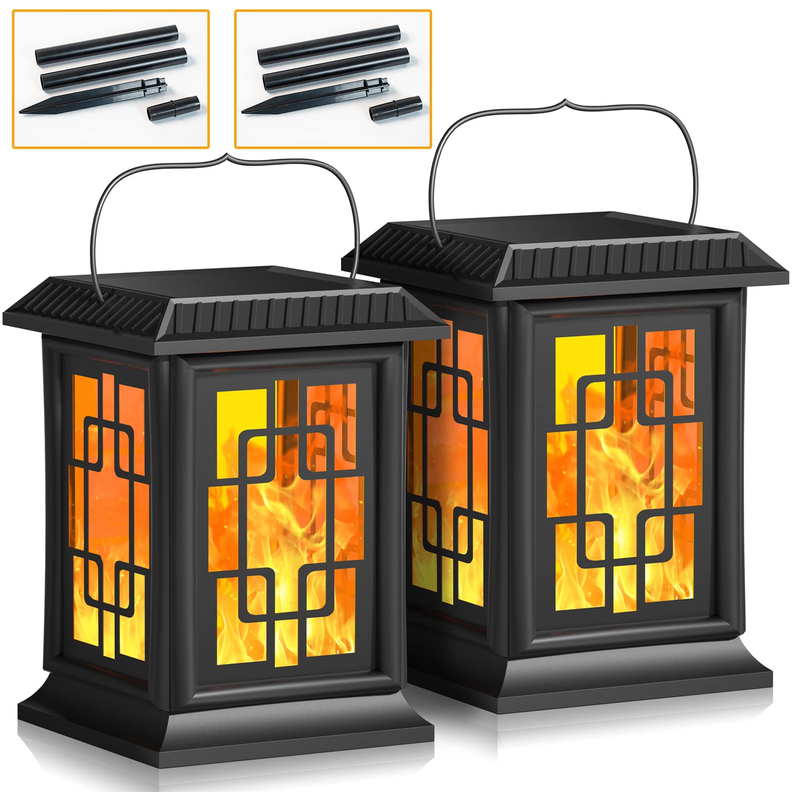 Zoeger Solar Lantern for Outdoor, Large LED Solar Lights with Two Working Modes, Flickering Flame Effect / Warm Light, IP65 Waterproof, Yellow, 2-Pack
