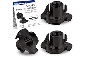 USDRWAM 100 Pack 1/4"-20 T Nuts for Wood, Black Carbon Steel 4-Prong Tee Nuts for Furniture, Cabinets, and Rock Climbing Holds