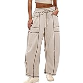 Yeokou Womens Wide Leg Barrel Sweatpants Drawstring High Waisted Contrast Stitching Baggy Joggers Casual Lounge Pockets Pants