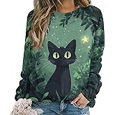 ZOCAVIA Womens Funny Cat Sweatshirts Fall Casual Crewneck Pullover Tops Vintage Forest Graphic Long Sleeve T Shirts Oversized