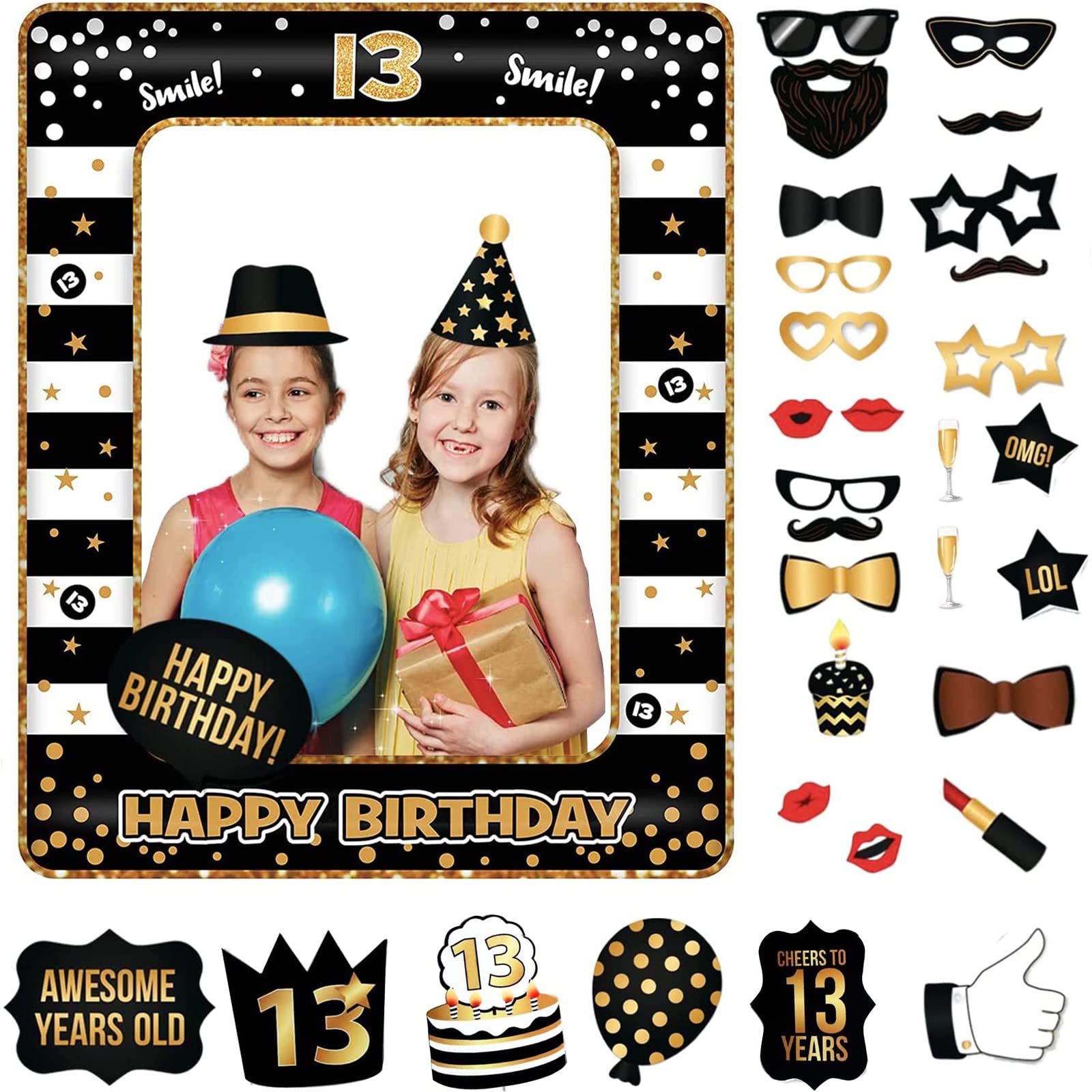 POPOYU 13th Birthday Decorations Girls Boys,Black Gold Inflatable Selfie Frame&25Pcs 13th Birthday Photo Booth Props,Giant Inflatable Party Photo Booth Frame for Girls Boys, 10x20cm