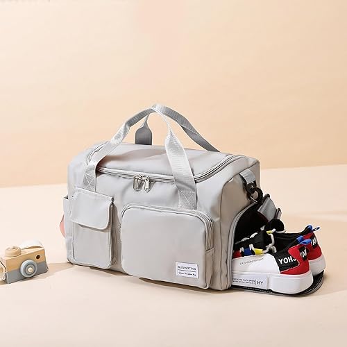 Grey Gym Bag for Women, Waterproof Travel Duffle Bag Carry On Weekender Bag  with Shoe Compartment Wet Pocket