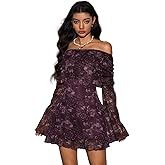 Verdusa Women's 70s Vintage Floral Off The Shoulder Dress Foldover Long Sleeve Bodycon Mini Dress